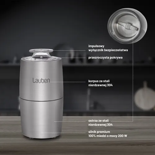 Elektryczny młynek do kawy Lauben Grinder 200ST - Moc 200W | Silnik miedziany | Stal nierdzewna #304 | Do kawy, orzechów i przypraw | Cichy 65dB | 50g