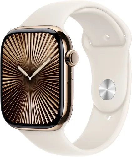 Apple Watch 10 GPS + Cellular 42mm koperta z tytanu (złoty) + pasek sportowy rozmiar M/L (księżycowa poświata)