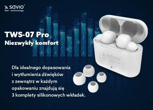 Słuchawki bezprzewodowe Savio TWS-07 PRO Dokanałowe Bluetooth 5.0 Biały