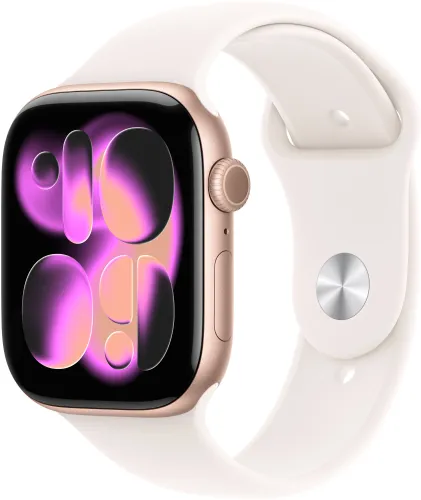 Apple Watch 11 GPS 42mm koperta z aluminium (różowe złoto) + pasek sportowy rozmiar M/L (łagodny róż)