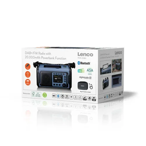 Radioodbiornik Lenco PDR-255BU Ładowanie solarne Na korbkę Latarka Powerbank Radio DAB+ Niebieski