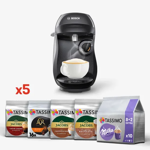 Zestaw ekspres kapsułkowy Bosch Tassimo Happy TAS1002N czarny i 5 opakowań kapsułek: Jacobs Latte Macchiato Classico, Cappucino Classico, Caffe Crema XL, L’OR Espresso Delizioso, Milka