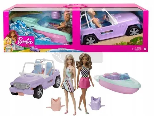 LALKA BARBIE ZESTAW PRZEJAŻDŻKA 2 lalki + samochód jeep + motorówka GXD66