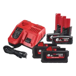 Milwaukee M12-18 şarj cihazına sahip 4 adet 6AH ve 8AH pil paketi