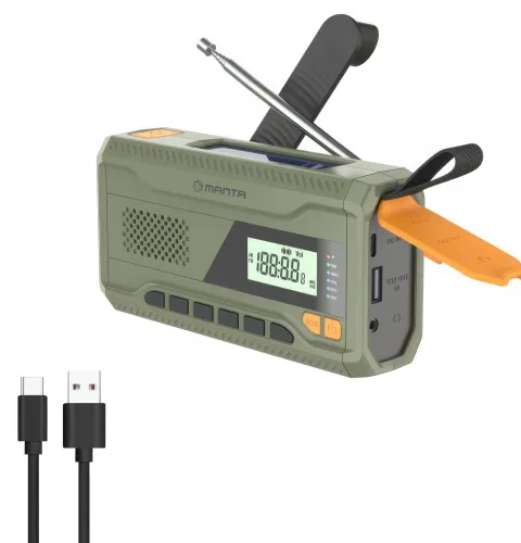 Radioodbiornik Manta RDI401G Na korbkę, Solarne, Latarka, Powerbank, Radio FM Zielony