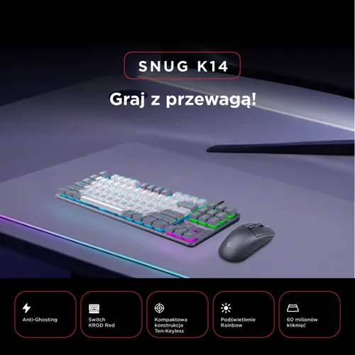 Klawiatura gamingowa Rampage Snug KRGD Red Switch przewodowa mechaniczna podświetlana biało-szara