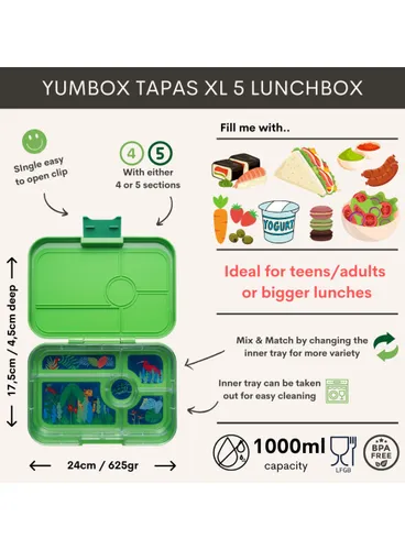 Lunchbox do pracy XL Yumbox Tapas 5 sekcji - jurassic green / jungle tray