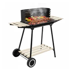 Grill węglowy ogrodowy na kółkach z 3 półkami i rożnem