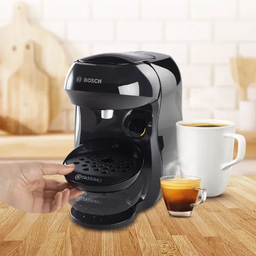 Zestaw ekspres kapsułkowy Bosch Tassimo Happy TAS1002N czarny i 3 opakowania kapsułek: Jacobs Latte Macchiato Classico, Café au lait, Morning Café (Strong&Intense) XL
