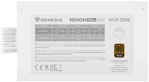 Zasilacz GENESIS Nihon 750NM 750W 80 Plus Bronze ATX3.1 Biały