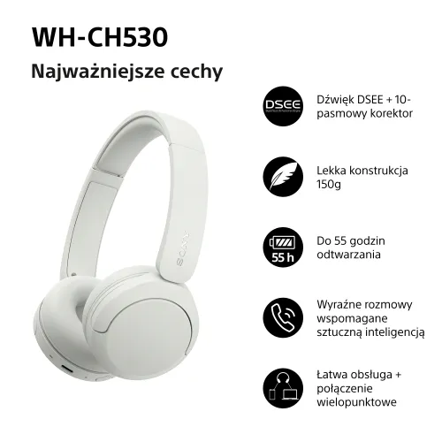 Słuchawki bezprzewodowe Sony WH-CH530 Nauszne Bluetooth 6.0 Biały