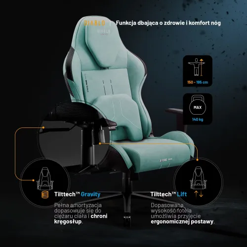 Fotel Diablo Chairs X.One Prime,Normal Size, Mystic Mint Gamingowy Do 140kg Tkanina Miętowy