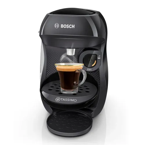 Zestaw ekspres kapsułkowy Bosch Tassimo Happy TAS1002N czarny i 3 opakowania kapsułek: Jacobs Latte Macchiato Classico, Café au lait, Morning Café (Strong&Intense) XL