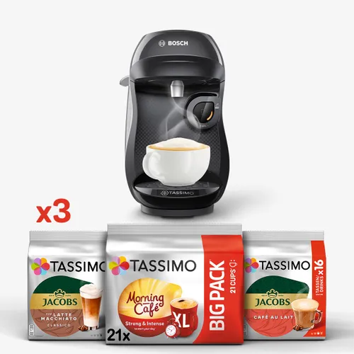 Zestaw ekspres kapsułkowy Bosch Tassimo Happy TAS1002N czarny i 3 opakowania kapsułek: Jacobs Latte Macchiato Classico, Café au lait, Morning Café (Strong&Intense) XL