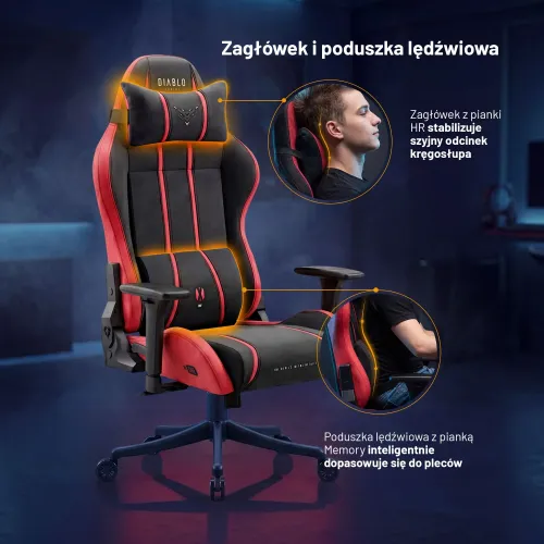 Fotel Diablo Chairs X-One 2.0 Small Bloody Mery Gamingowy do 90kg Tkanina Czarno-Czerwony