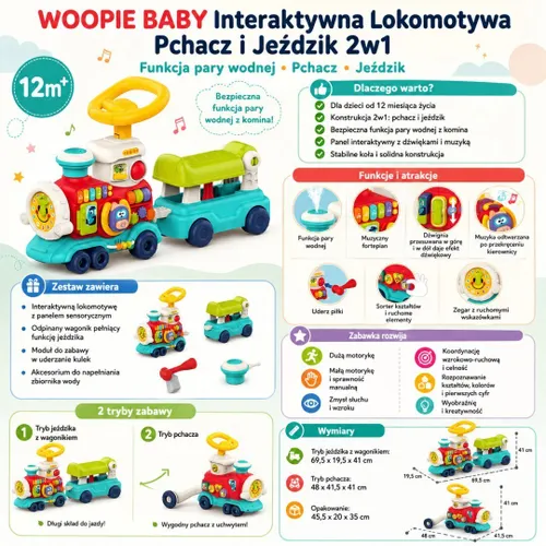 Woopie Baby Lokomotywa Pchacz Jeździk 2W1 Interaktywny Pociąg