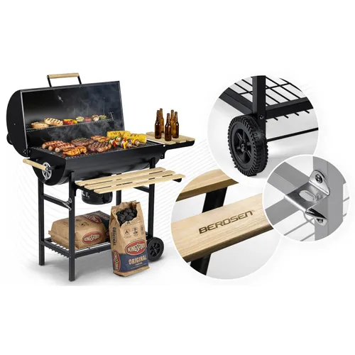 Grill węglowy ogrodowy Berdsen BD-895 z półkami beczka z kominem + termometr + popielnik