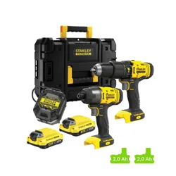 Wiertarko-wkrętarka STANLEY SFMCD711 + zakrętarka SFMCF800 + ładowarka + walizka na zestaw TSTAK + klucz udarowy + zestaw akumulatorów