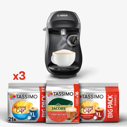 Zestaw ekspres kapsułkowy Bosch Tassimo Happy TAS1002N czarny i 3 opakowania kapsułek Morning Café (Mild&Smooth)/(Strong&Intense) XL, Jacobs Café au lait