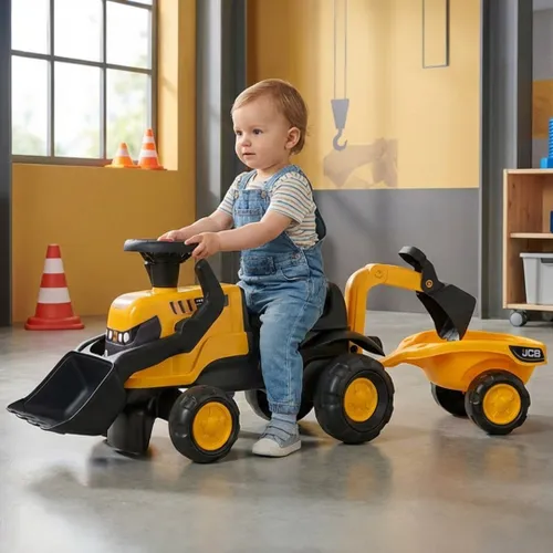 Falk Jeździk Traktor Jcb Z Przyczepą Grabkami I Łopatką Ciche Koła 1-3 Lat