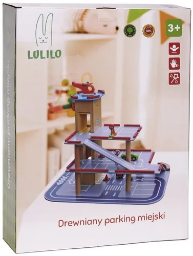 Parking Garaż Drewniany 4 Piętrowy 2 Autka Helikopter Znaki Lulilo Benino