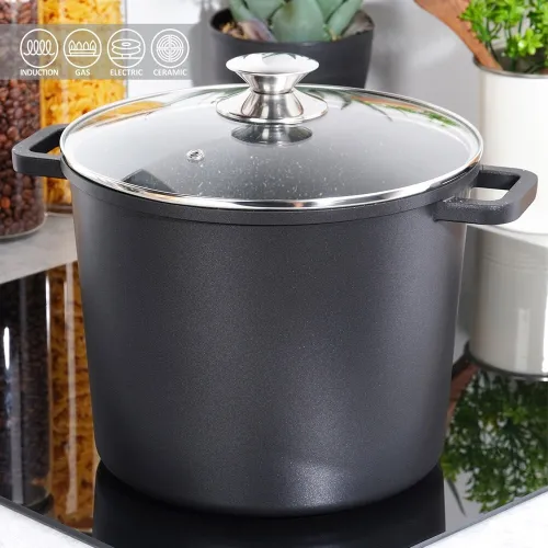 Garnek Granitowy ze Szklaną Pokrywką Wysoki do Gotowania Duszenia 7,6L