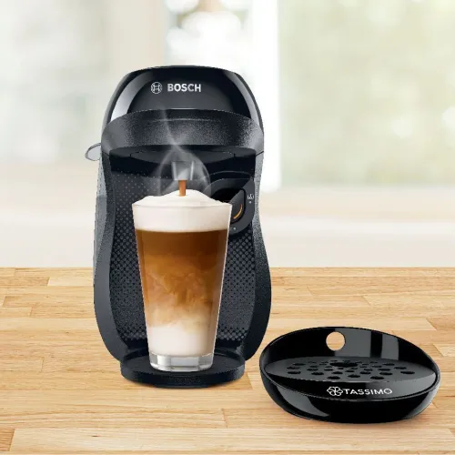 Zestaw ekspres kapsułkowy Bosch Tassimo Happy TAS1002N czarny i 5 opakowań kapsułek: Jacobs Latte Macchiato Classico, Cappucino Classico, Caffe Crema XL, L’OR Espresso Delizioso, Milka